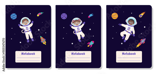 Space cover design for notebooks, brochures, books with space elements and children astronauts.
