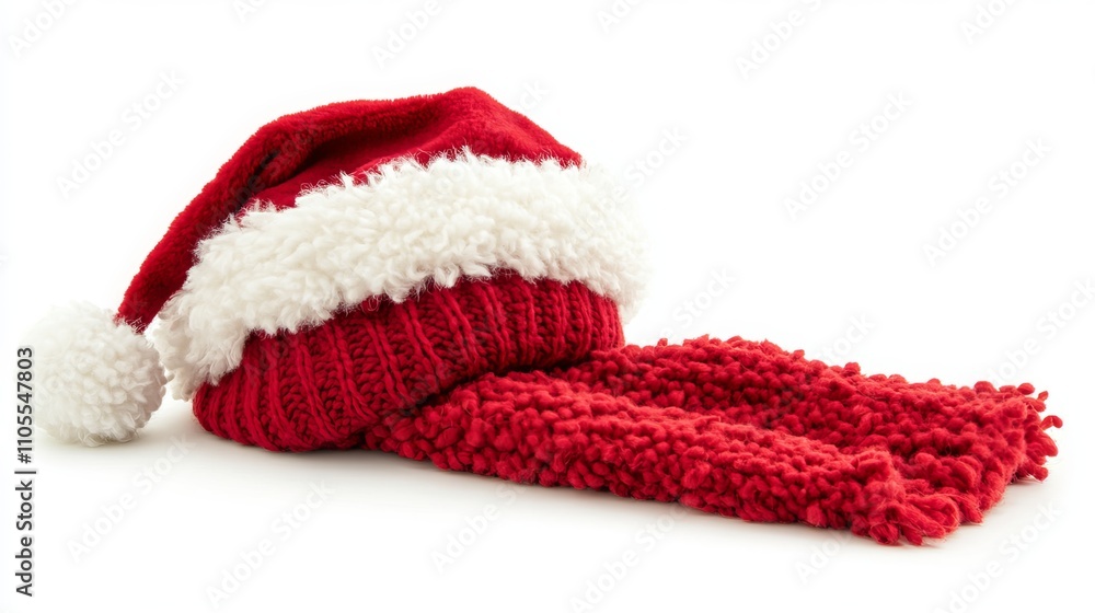 This festive Santa Claus hat set is isolated on a white background, providing a clear and transparent image. The set consists of a plush red hat with a fluffy white brim and a matching red scarf This festive Santa Claus hat set is isolated on a white background, providing a clear and transparent image. The set consists of a plush red hat with a fluffy white brim and a matching red scarf