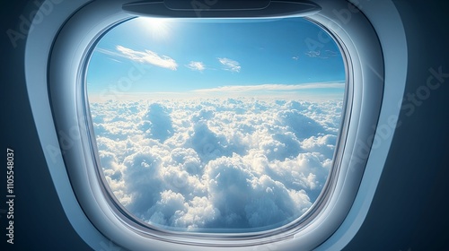 Airplane Window View Of Cloudscape And Blue Sky