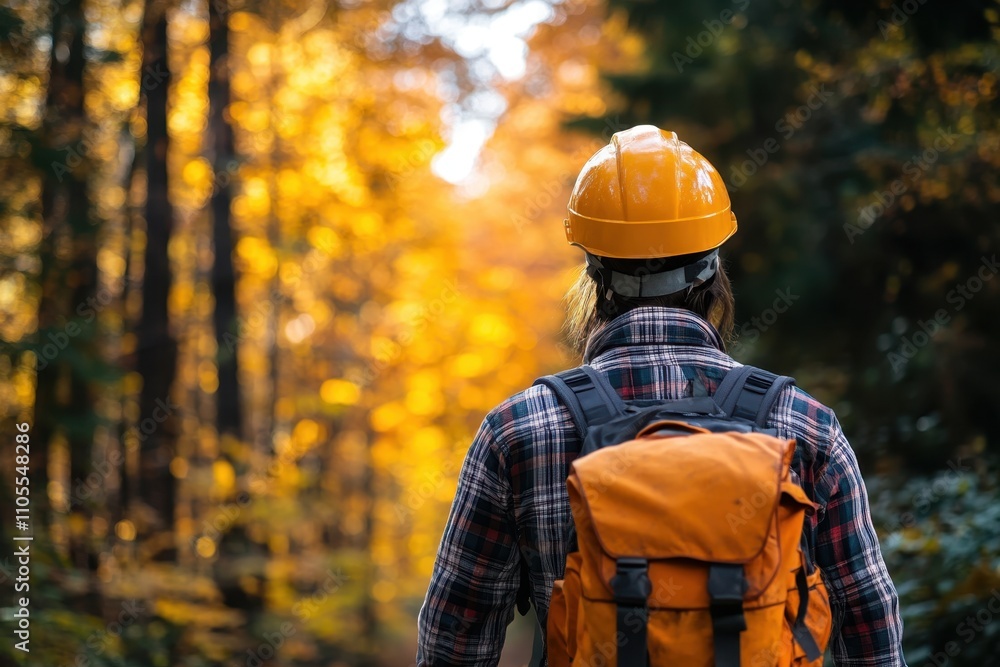 Hiker prepares for an autumn adventure in a vibrant forest Hiker prepares for an autumn adventure in a vibrant forest