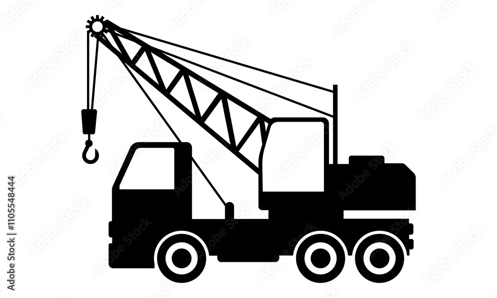 Truck crane icon. Black silhouette. Side view. Vector drawing. Isolated object on a white background. Isolate. Truck crane icon. Black silhouette. Side view. Vector drawing. Isolated object on a white background. Isolate.