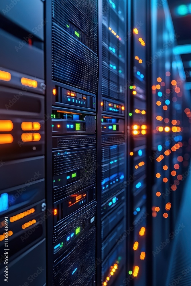 Modern Data Center with Rows of Servers and Blinking Lights in a High-Tech Environment Modern Data Center with Rows of Servers and Blinking Lights in a High-Tech Environment