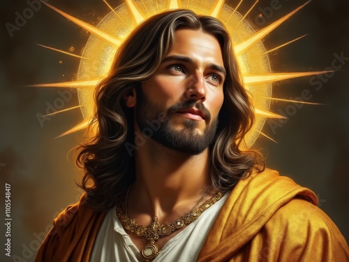 Symbolic depiction of a Jesus, bearded man in a golden robe with a radiant halo, gazing upward, representing faith and divinity