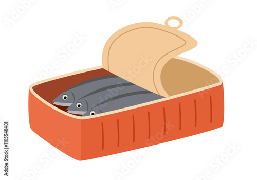 Sardines or anchovies in can flat design on white background. Canned food.