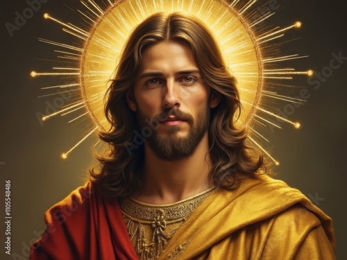 Artistic depiction of a Jesus, bearded man with long hair, wearing a golden robe, radiant halo with golden rays behind him, concept of spirituality and divinity