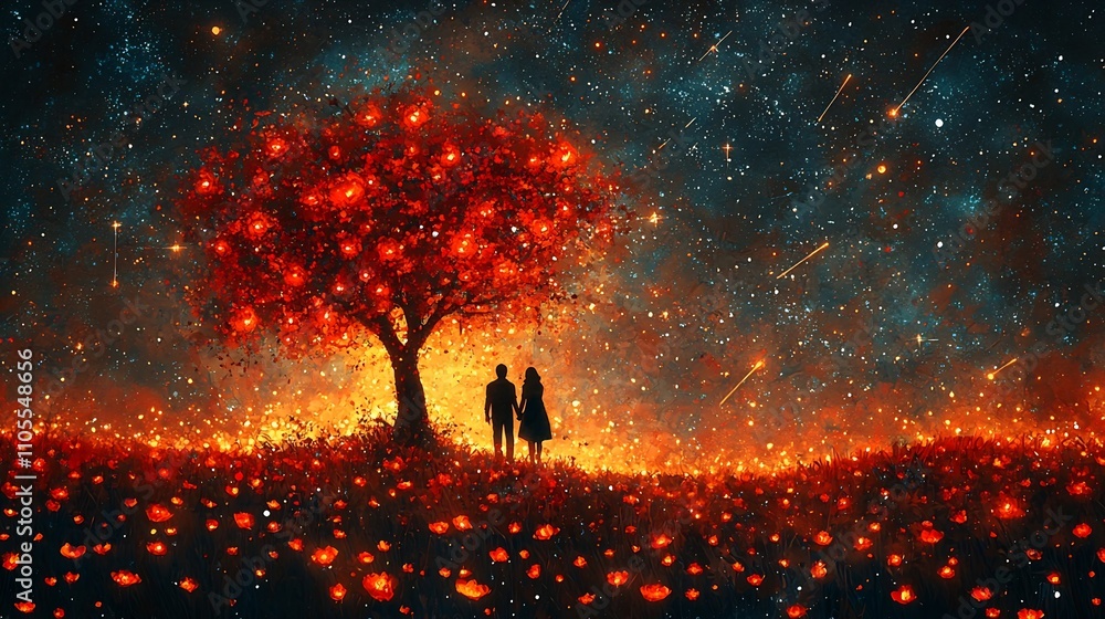 Couple Embracing on Surreal Floating Island Amid Magical Glowing Flowers and Shooting Stars Couple Embracing on Surreal Floating Island Amid Magical Glowing Flowers and Shooting Stars