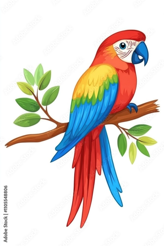 Fototapeta premium A colorful parrot with vibrant red, blue, and yellow feathers perched on a branch with green leaves, set against a white background in a playful cartoon style, ideal for posters and cards..
