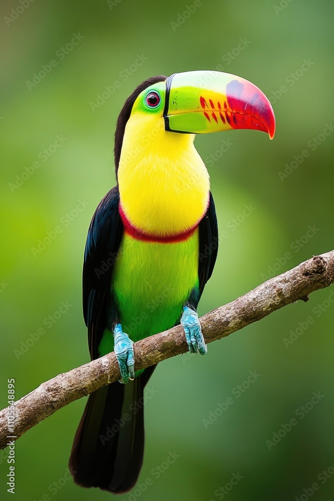 A toucan with vibrant yellow, green, and red feathers perched on a branch against a blurred green background, painted in a photorealistic style, perfect for tropical decor and posters.. A toucan with vibrant yellow, green, and red feathers perched on a branch against a blurred green background, painted in a photorealistic style, perfect for tropical decor and posters..