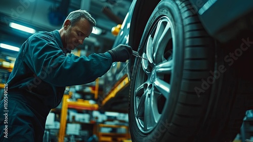 Mechanic Working on Car Wheel Repairing Tire