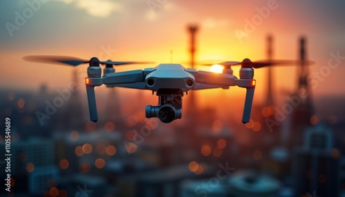 Drone hovers mid-air during sunset over industrial complex. Aerial view of drone piloting over city landscape. Sunset tech inspecting structures. Drone filming industrial facilities. Aerial