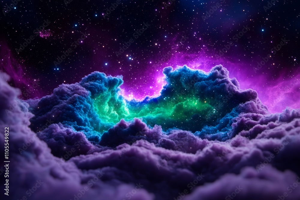 Fototapeta premium Colorful Cosmic Cloud Formation with Green and Purple Nebula Under Starry Sky