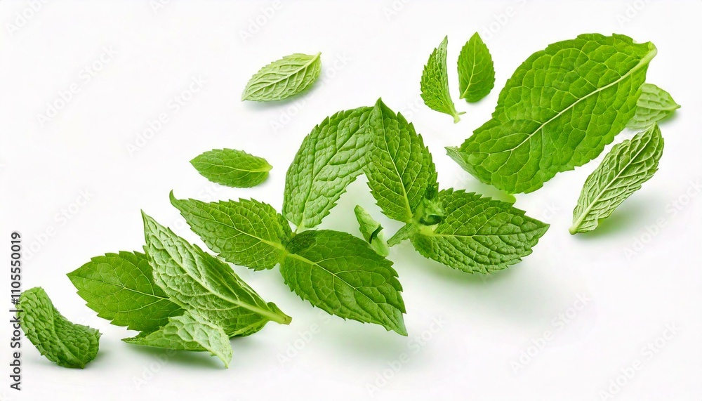 Flying mint leaves isolated on white background Flying mint leaves isolated on white background