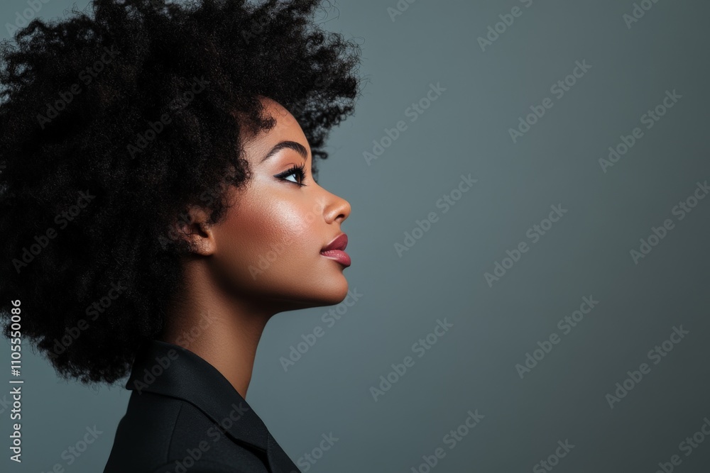 Profile of young african female with natural hair on subtle gray background. Profile of young african female with natural hair on subtle gray background.