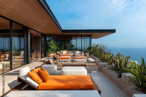 Luxurious resort terrace with sea view and comfortable loungers, image for hotel advertisement, resort advertising with copy space