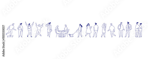 Line Art Different People Stylized Silhouette Vector Banner. Male and Female Outline Characters figure Isolated on white background.	