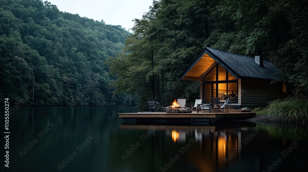 Fototapeta premium Cozy cabin with a glowing fireplace by a calm forest lake surrounded by lush green trees at dusk, reflecting serene natural beauty and tranquility.