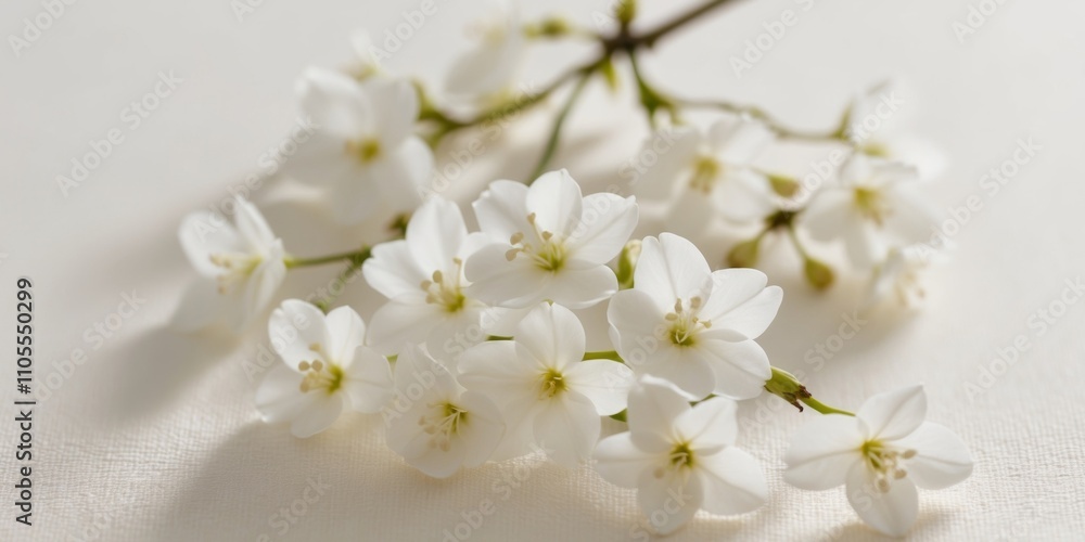 White Jasmine Blossoms Scattered Elegantly on a Light Canvas. White Jasmine Blossoms Scattered Elegantly on a Light Canvas.