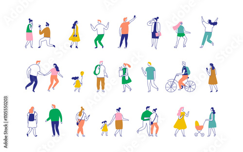 Line art stylized city people bundle isolated on white background