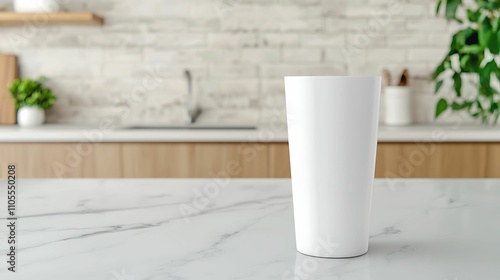 Tumbler stainless steel. A minimalist white cup stands on a marble countertop, with a softly blurred kitchen background featuring plants and modern cabinetry.