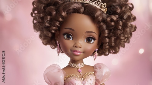 Close-up of a beautiful Black princess doll wearing a pink dress and crown.