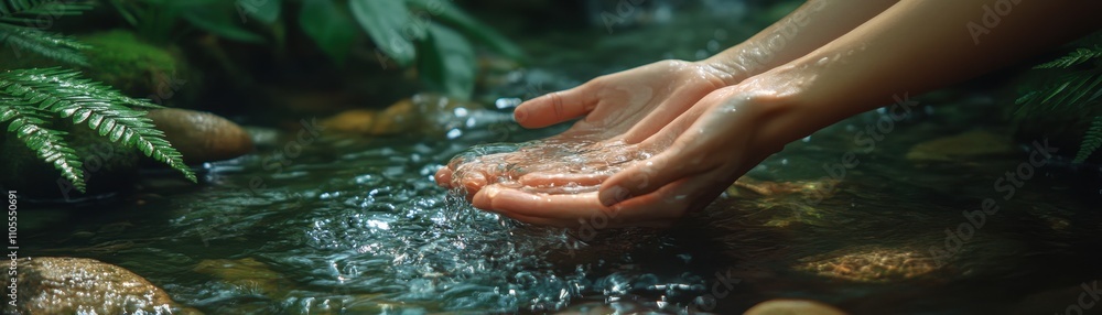 Hands Gently Cupping Crystal Clear Water in a Serene Forest Stream Surrounded by Lush Greenery and Smooth Stones Hands Gently Cupping Crystal Clear Water in a Serene Forest Stream Surrounded by Lush Greenery and Smooth Stones