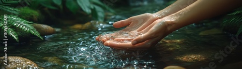 Hands Gently Cupping Crystal Clear Water in a Serene Forest Stream Surrounded by Lush Greenery and Smooth Stones