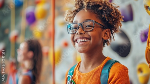 Joyful Children Engaged in Learning Activities at a Rock Climbing Gym, Representing Friends of Different Ages and Backgrounds Enjoying Their Time Together