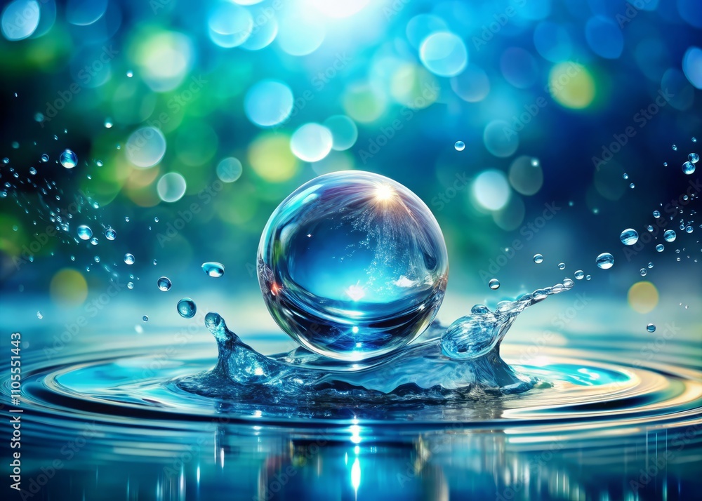 Liquid Splash Ball with Drops on Blue Bokeh Background - Eco-Friendly Water Sphere for Ecology Protection and Earth Safe Awareness Liquid Splash Ball with Drops on Blue Bokeh Background - Eco-Friendly Water Sphere for Ecology Protection and Earth Safe Awareness