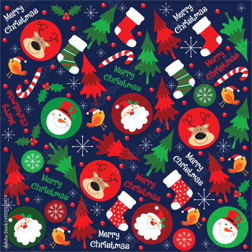 Christmas seamless pattern with santa, reindeer, snowman and robin