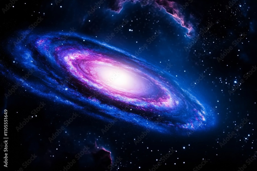 Spiral Galaxy in Deep Space with Bright Center and Blue and Purple Nebulae Spiral Galaxy in Deep Space with Bright Center and Blue and Purple Nebulae