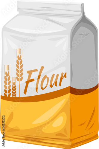 Flour packet with wheat ears or grain spikelet on field, vector product package icon. Wheat flour pack for bakery bread or farm agriculture market, bread shop and grocery store or agronomy