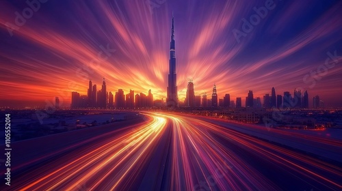 Dubai Skyline Sunset With Light Trails On Highway