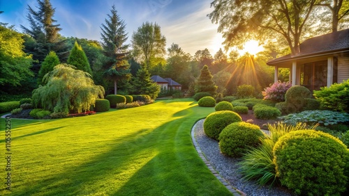 Lush Green Lawn with Curved Bushes and Trees in the Background, Capturing the Serenity of a Well-Maintained Garden Under the Gentle Morning Sunlight