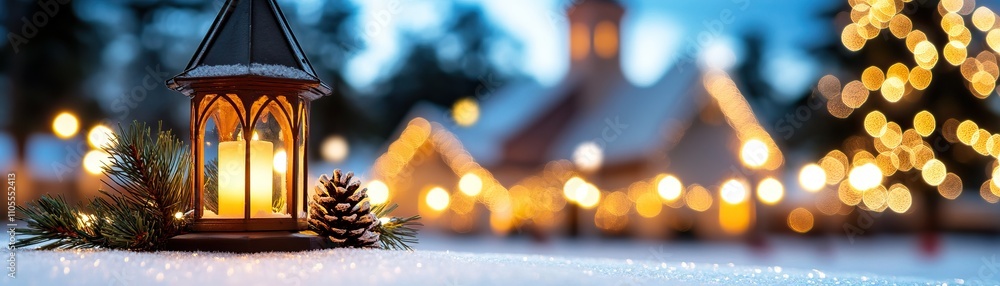Obraz premium A cozy lantern casts a warm glow on snow, with a festive backdrop of twinkling lights and a charming building, evoking a winter wonderland.
