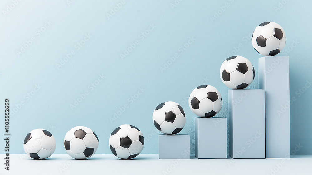 Soccer balls arranged in growth pattern on blue background Soccer balls arranged in growth pattern on blue background
