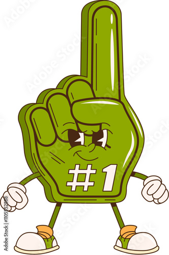 Cartoon retro groovy fan glove character. Vector foam finger sports personage with number one fan status, standing with determined expression and nostalgic 70s vibe, exuding excitement and team spirit