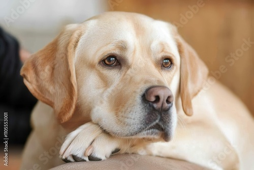 Empathy emotion and respect, A close-up of a calm, golden Labrador resting its head on its paws, showcasing its gentle expression and warm fur.