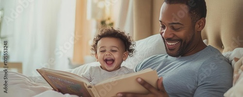 A father holding a storybook, animated gestures, child laughing, tucked in bed, gentle pastel hues, warm soft tones, bedtime story father, joyful bedtime routine