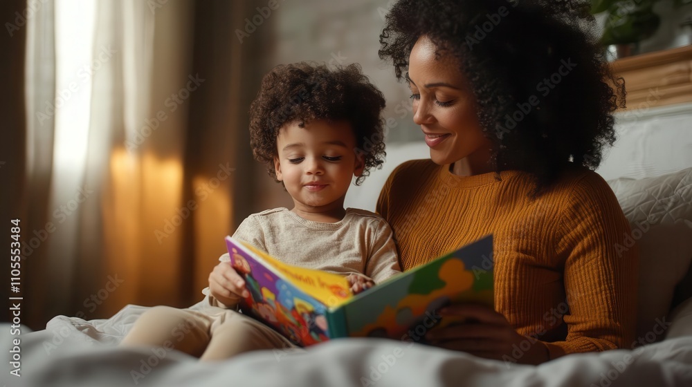 A mother sitting by her child s bed, holding a colorful storybook, gentle warm lighting, relaxed and happy, bedtime story mother, nurturing family moment A mother sitting by her child s bed, holding a colorful storybook, gentle warm lighting, relaxed and happy, bedtime story mother, nurturing family moment