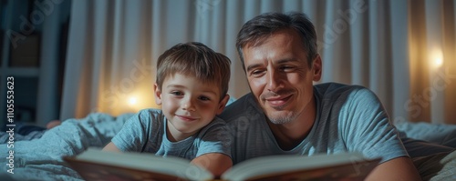 Father and son lying side by side, reading a fairytale book, ambient moonlight filtering through curtains, peaceful smile, bedtime story father, calm family night photo