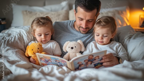 Father and twin kids cuddling in bed, each holding a plush toy, reading a picture book together, warm golden light, cozy blankets, bedtime story father, family bonding