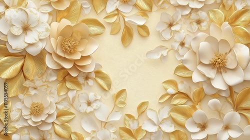 3D floral wallpaper design. Gold, cream flowers, leaves create luxurious backdrop. Intricate details of paper flowers, leaves shown in high quality. Ai-generated image suitable for interior design