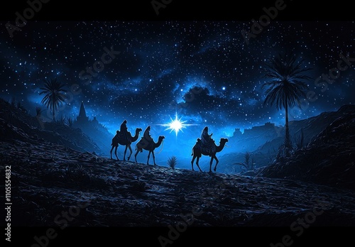 Illustrated three wise men on camels following the Star of Bethlehem toward a city under a glowing starry sky Generative AI