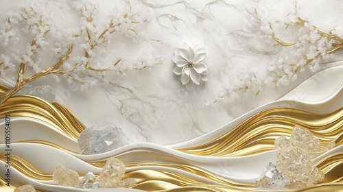 Luxury 3D wallpaper design with white and gold waves. Crystals and marble texture create high-quality visuals. Floral designs and snow-covered trees are featured. Elegant and modern art piece.