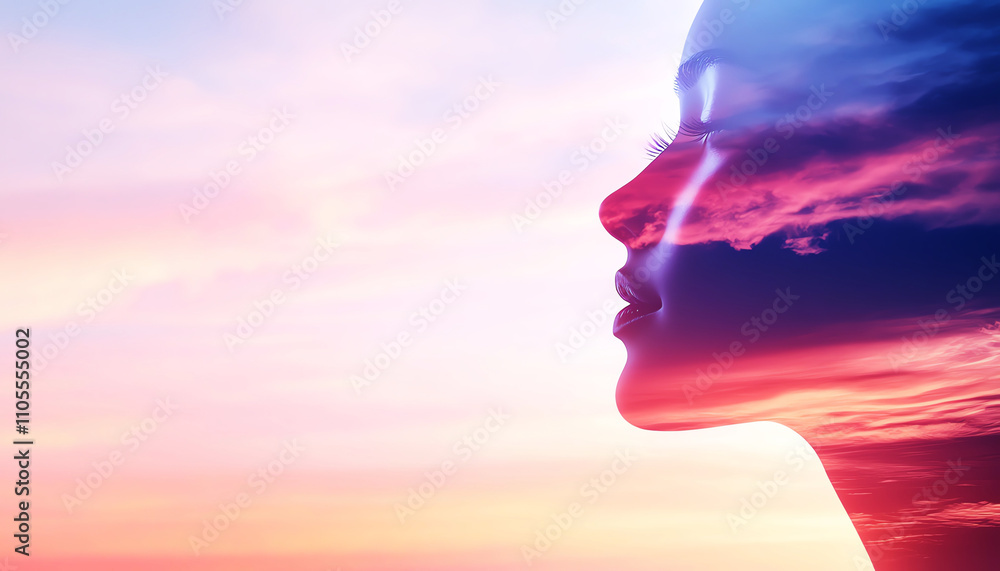 Naklejka premium Silhouette of a woman blending with colorful clouds at sunset, symbolizing inner peace and reflection.