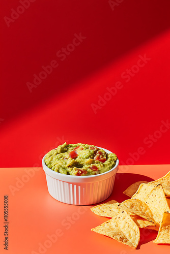 Vibrant guacamole served in white bowl with crispy tortilla chips on bright background. Perfect for parties and gatherings, this colorful dish is crowd pleaser photo