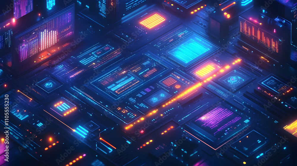 Digital Interface: Neon Displays Show Data Flowing Dynamically Digital Interface: Neon Displays Show Data Flowing Dynamically
