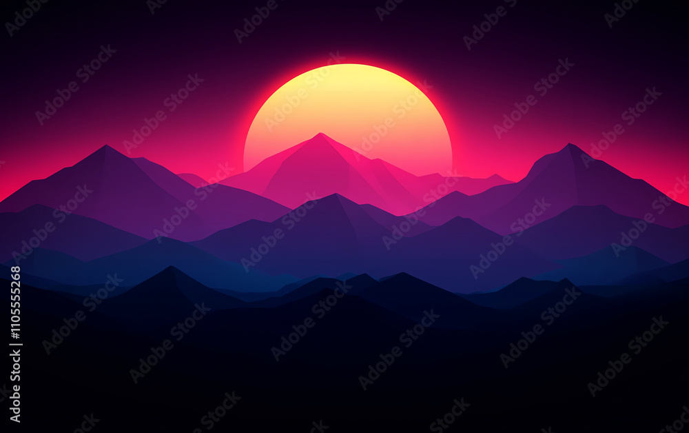 Digital sunset over range of mountains, featuring vibrant colors and serene atmosphere. Digital sunset over range of mountains, featuring vibrant colors and serene atmosphere.
