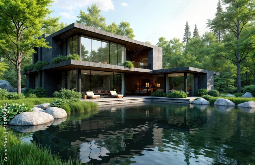 Modern villa with green landscape design. Exterior of contemporary house with large windows overlooking tranquil pool, garden. Stone rocks, plants surround water feature. Relaxing ambiance of Modern villa with green landscape design. Exterior of contemporary house with large windows overlooking tranquil pool, garden. Stone rocks, plants surround water feature. Relaxing ambiance of