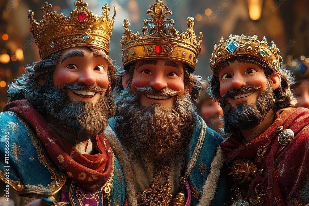 Three cheerful animated kings with golden crowns and white beards in a whimsical royal setting Generative AI Three cheerful animated kings with golden crowns and white beards in a whimsical royal setting Generative AI